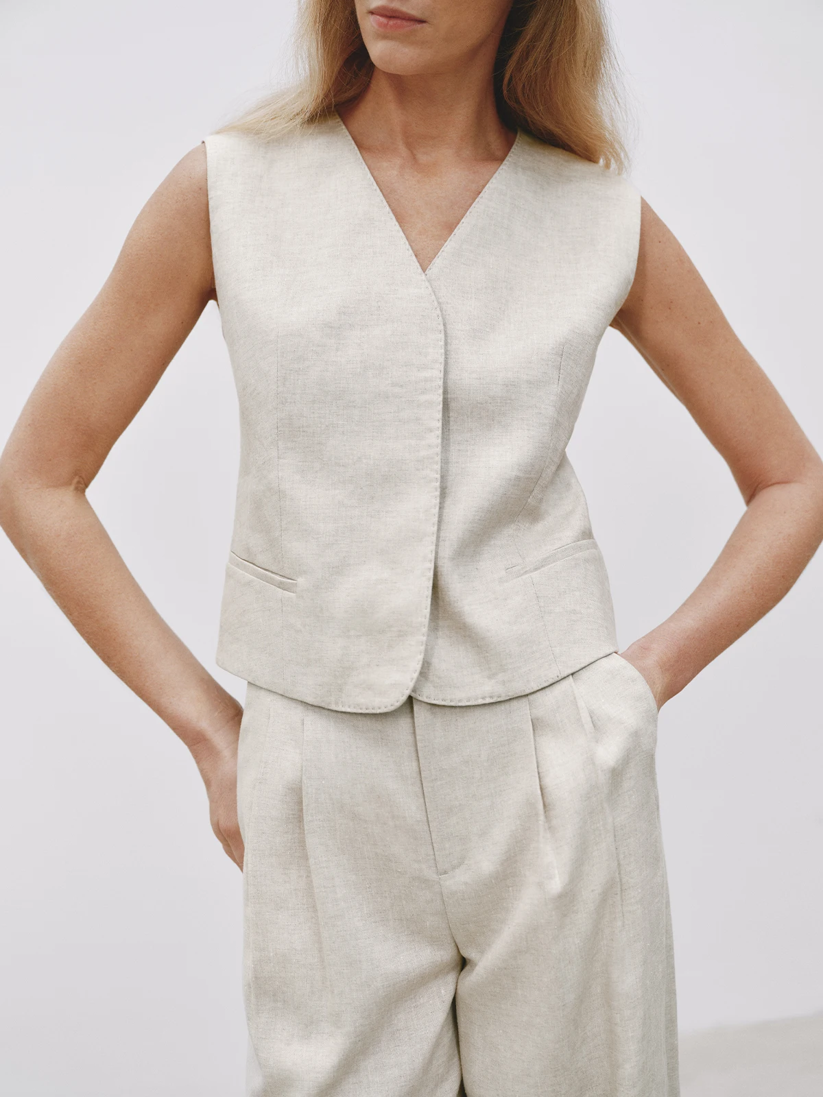 MSBEAST Linen V-Ne Wide Leg Pants Set Women's Straight Cut Double Pleat Svel Comfortable Casual Faion Outfit