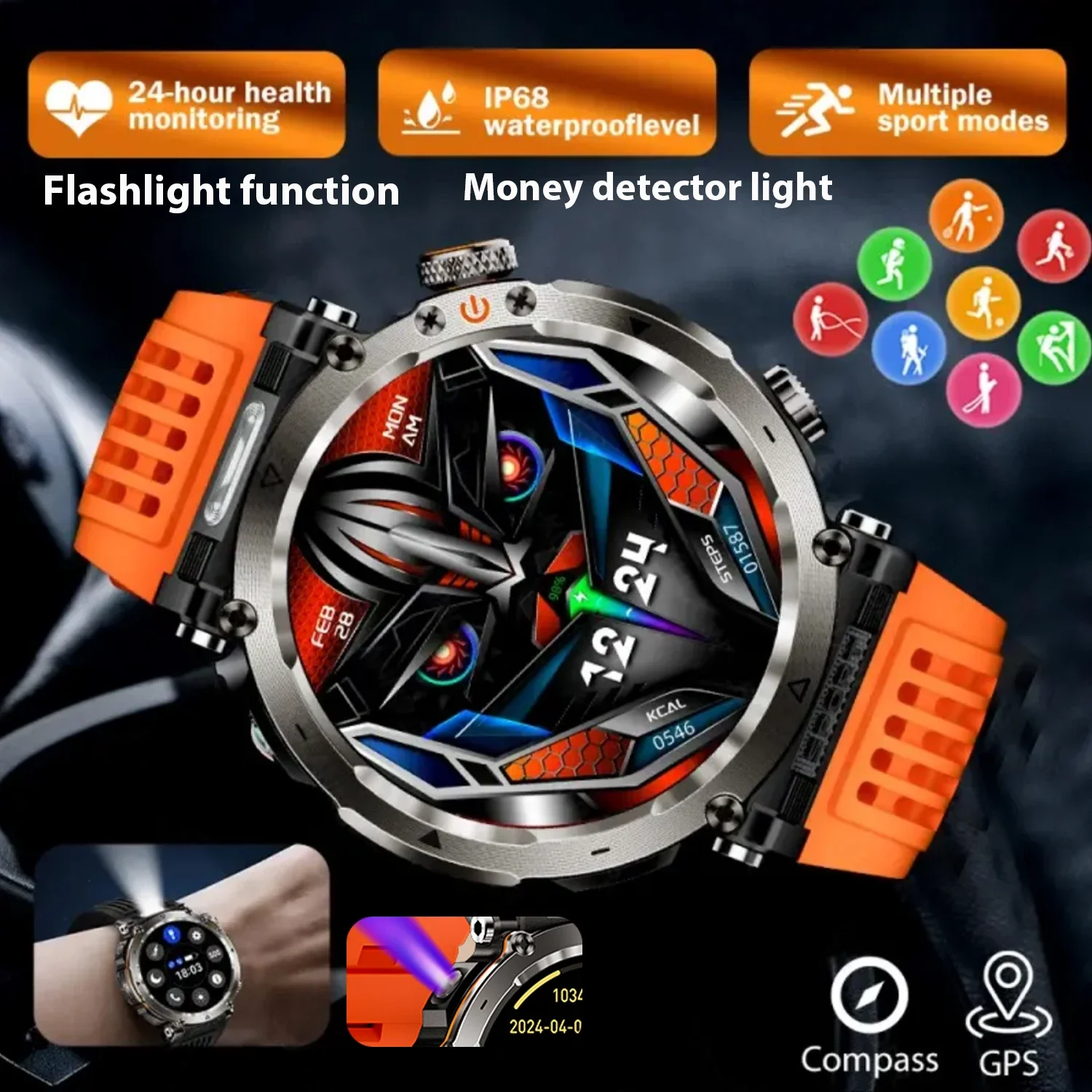 

5ATM Waterproof Smart Watch Men 600mAh Outdoor SmartWatch GPS Compass Heart rate LED Flashlight Bluetooth Call Sports Smartwatch