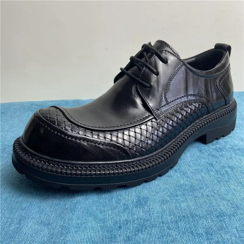 2025 Men's Lace-up Thick-soled Big-headed Leather Tooling British Business Youth Upturned Head Formal Dress Shoes