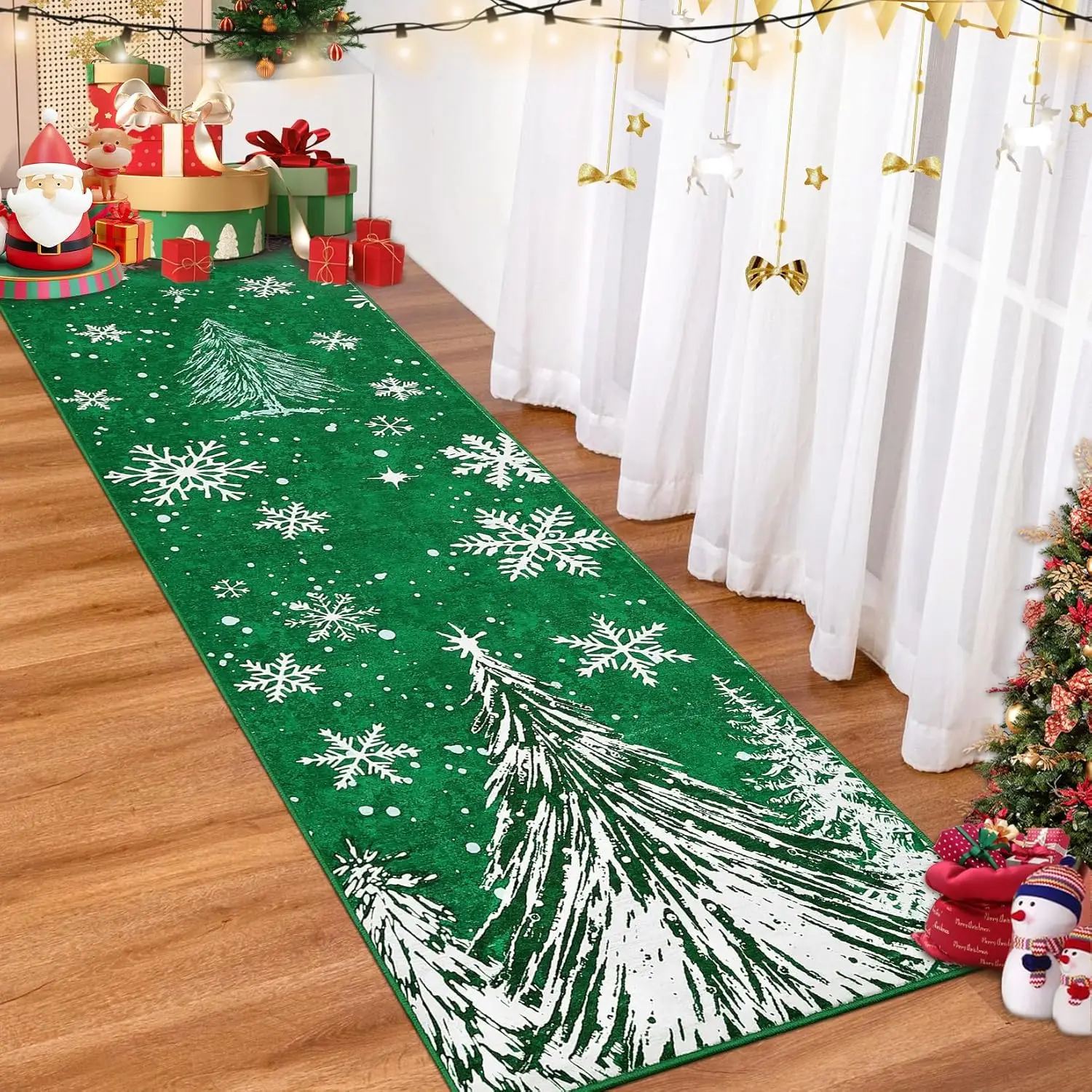 

Рождественские коврики для бегунов, зеленая снежинка, дерево, моющийся ковер для прихожей, прихожей, кухни, столовой, гостиной, спальни