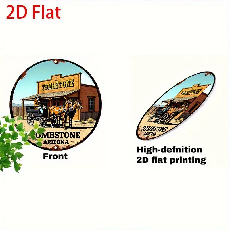 مسطح ثنائي الأبعاد، قطعة واحدة من لافتة أريزونا الغربية العتيقة - لوحة تزيين غرب قديمة مع رعاة البقر وعربة مرسومة بالحصان - Dur