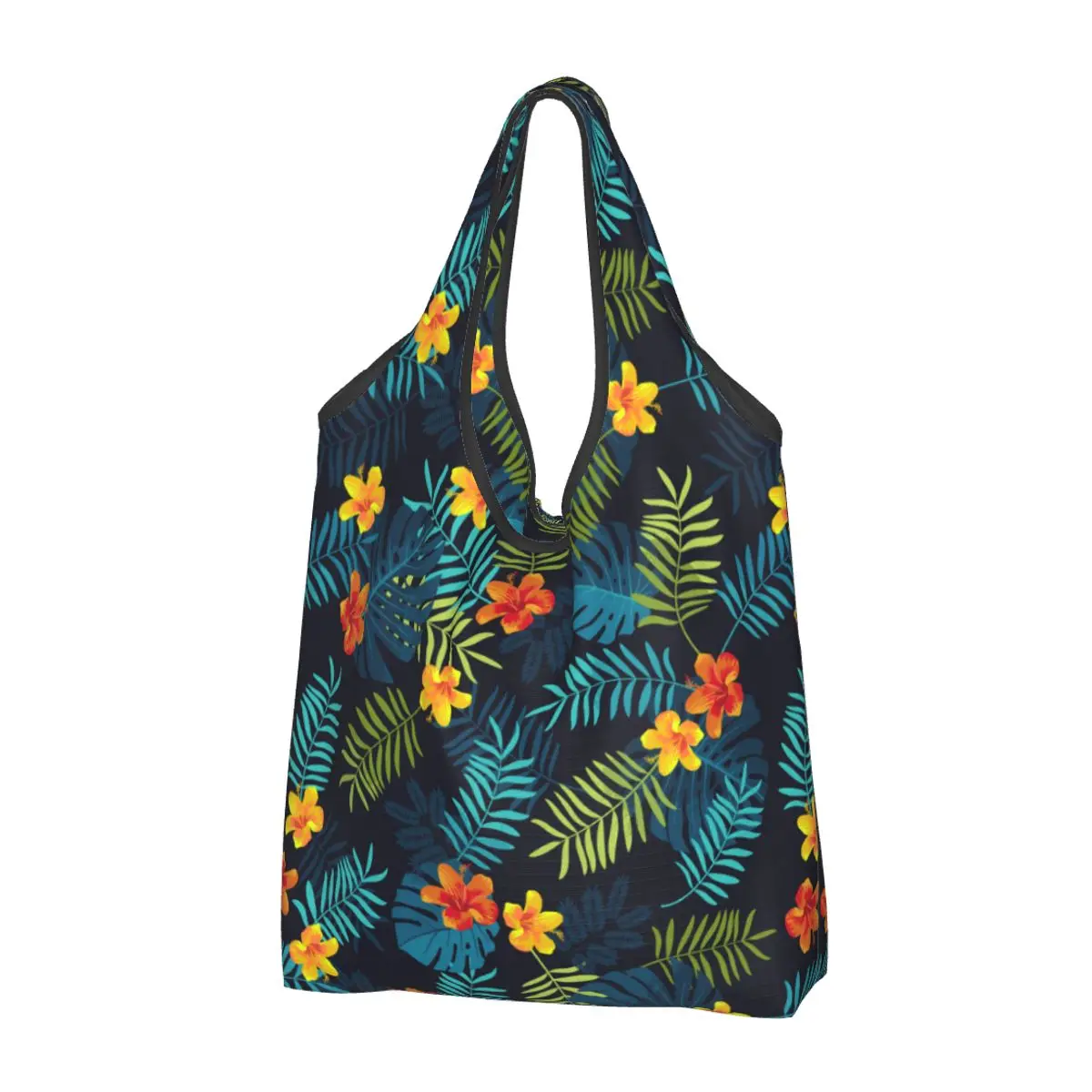 Hawaiian Tropical Rose Bay Leaves Hibiscus Flowers Shopping Bag for Groceries Foldable Hawaii Jungle Floral Grocery Bags