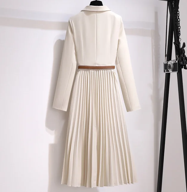 ชุดเดรสเข้ารูปลําลองย้อนยุคฝรั่งเศสสําหรับผู้หญิงในฤดูใบไม้ผลิและฤดูร้อนปกสีทึบเอว Cinched เดรสสูทจีบเดินทาง