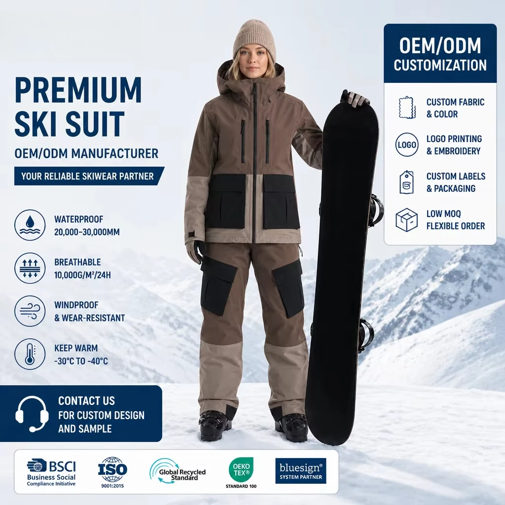 Womens Brown Color Block Waterproof Ski Suit Women Ski Wear Set Ski Clothing Snow Suit Women Custom OEM Wholesale Manufacturer
