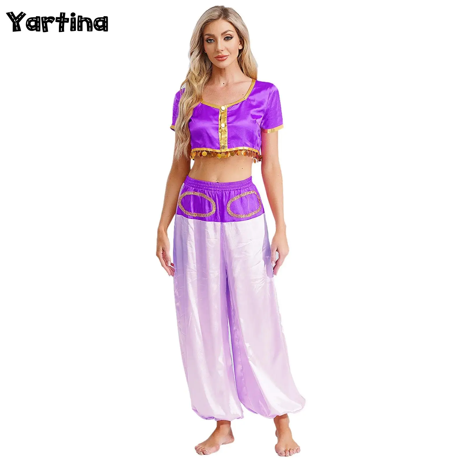 

Womens Arabian Elf Princess Cosplay Performance Costume Belly Dance Outfits Crop Top with Braided Trimming Bloomers Pants Set