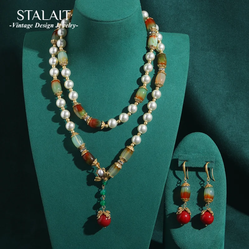 

Vintage Bride Beads Necklace Set Pearl Long Jewelry For Women Red Natural Glass Drop Earrings Layered Accessories Suit 2025 New