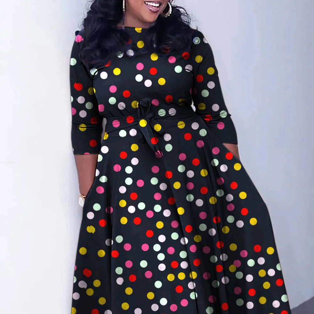 Plus Size Semi Formal Maxi Dresses Casual Multicolor Polka Dot Fall Winter Crew Neck 3/4 Sleeve Knitted Maxi Dresses With Pocket