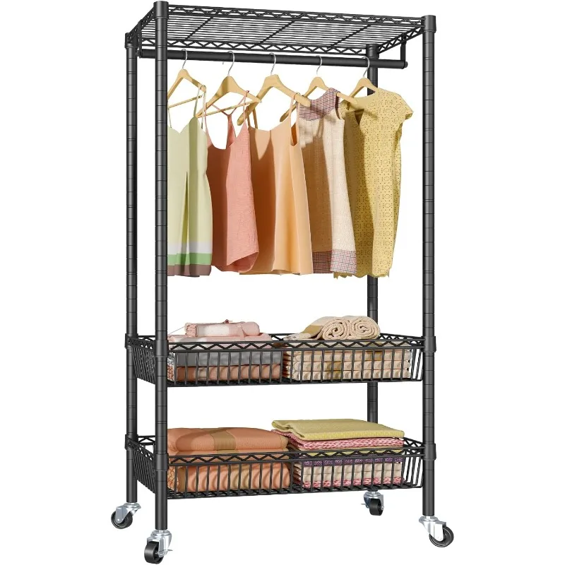 

R2 Heavy Duty Rolling Garment Rack, Adjustable Wire Clothing Rack with Hanging Rack, Freestanding Portable Closet on Wheel