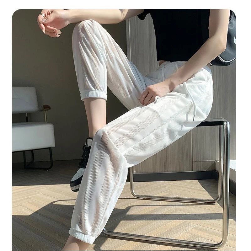 

Ice Silk Mesh Lined Straight Wide Leg Pants for Women 2024 Summer New Style Sun Protection Cool Slit Straight Casual Pants