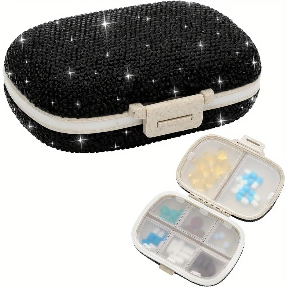 Bling Pill Organizer With 8 Compartments Travel Portable Pill Case Double Sided Rhinestone Pill Box For Vitamin Fashion Gifts