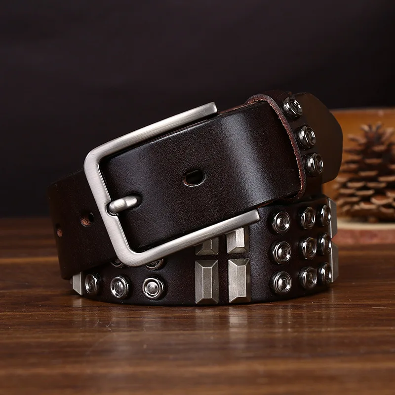 الطبقة العليا جلد البقر دبوس مشبك حزام فاسق نمط برشام الرجال حزام جلد طبيعي الهيب هوب دراجة نارية شخصية بناطيل كاجوال