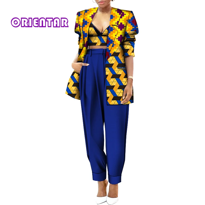 3 Pieces Women Set African Wax Print Crop Tops and Pants Suit 2021 New African Clothes Casual Outfits Africaine Femme WY641