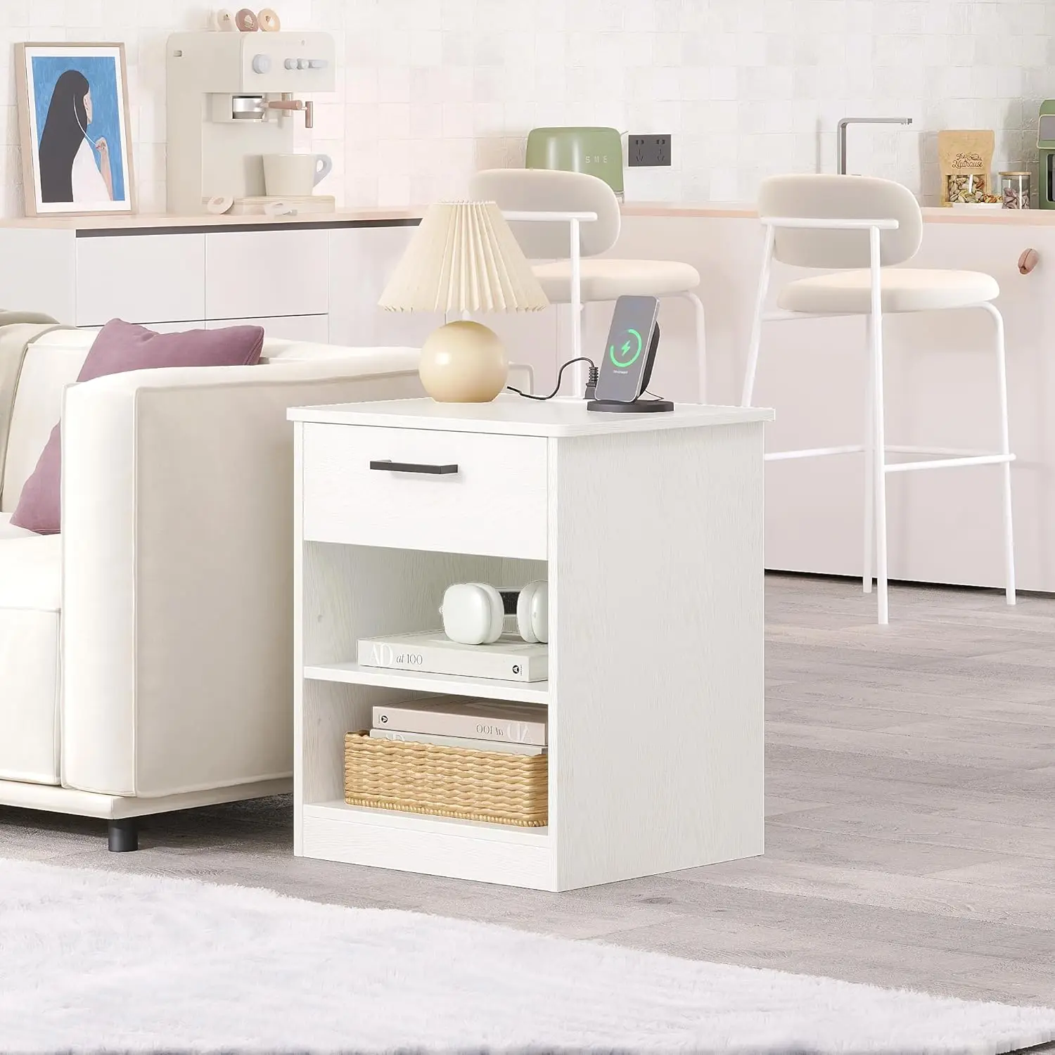 Everyday Side Table with Fast Charging Station USB C Cable Fast Charging Wooden White Nightstand Bedside Table with Drawer