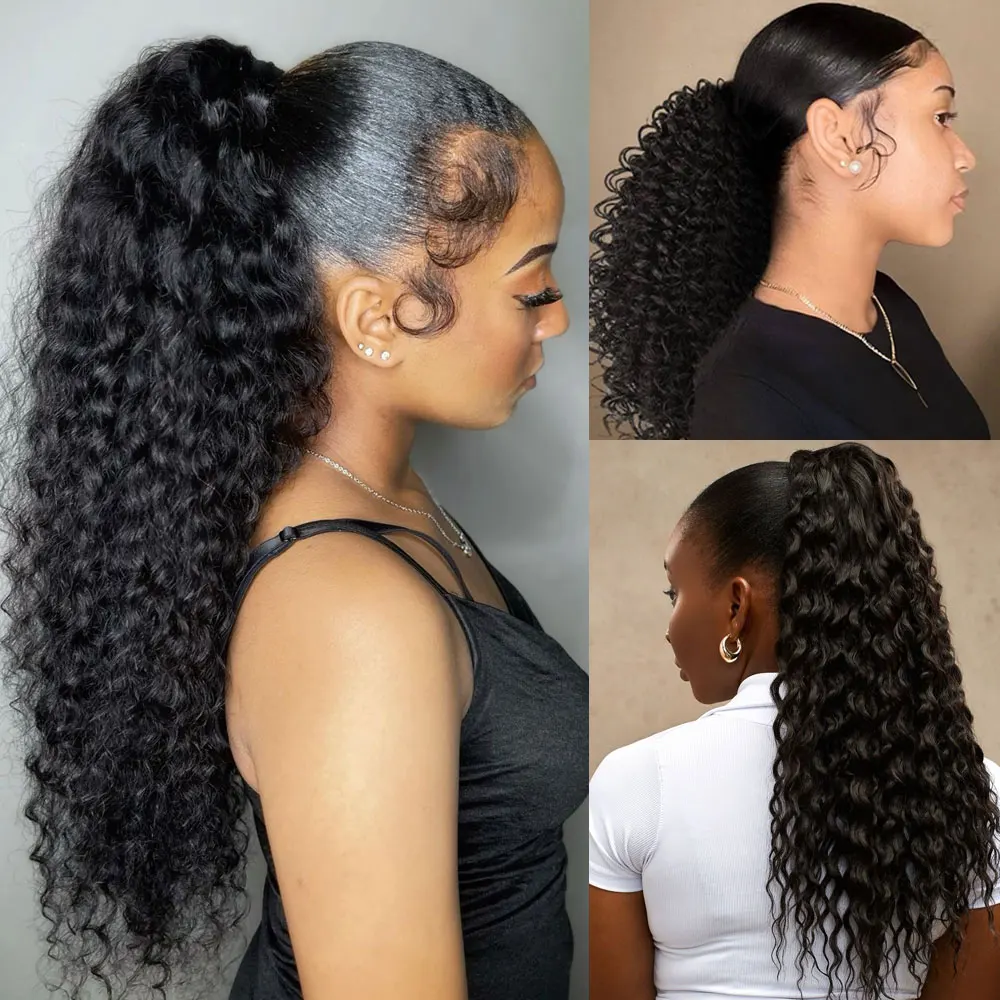 Curly Ponytail Hair Extensions Deep Wave Drawstring Ponytail For Black Women Raw Virgin Human Hair With Clip In Thick Ponytail