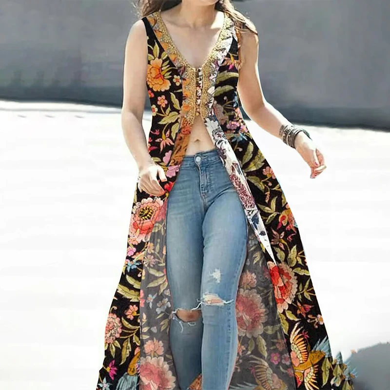 

Women's Tank Dress Floral Printing Split Sexy Indie Folk Vintage Sleeveless High Street Female Retro V-Neck Long Dress 2025
