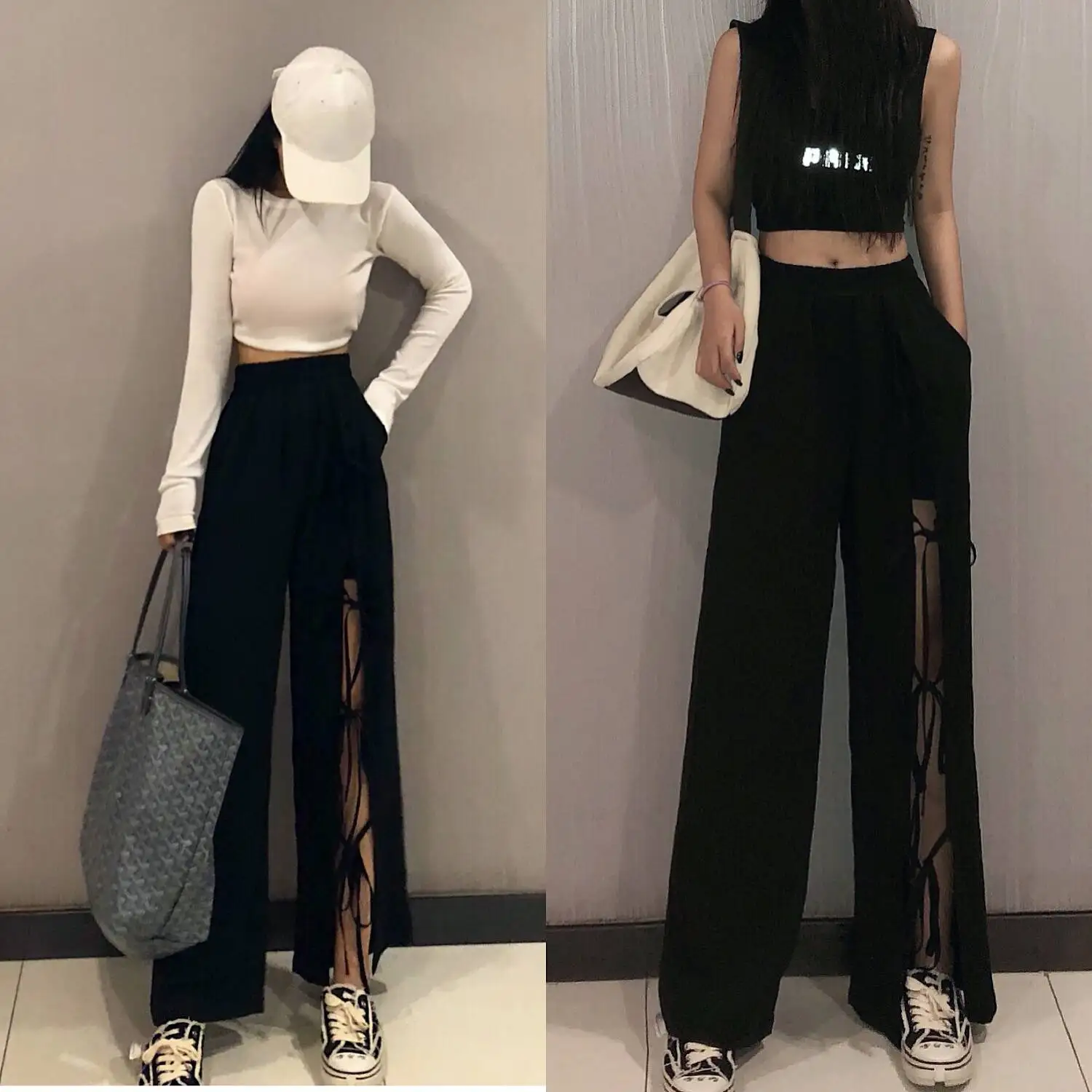 

High Slit Strap High Waist Straight Leg Pants 2026 New Summer Women Loose Hin Wide Leg Pants Female High Street Long Pants 4XL