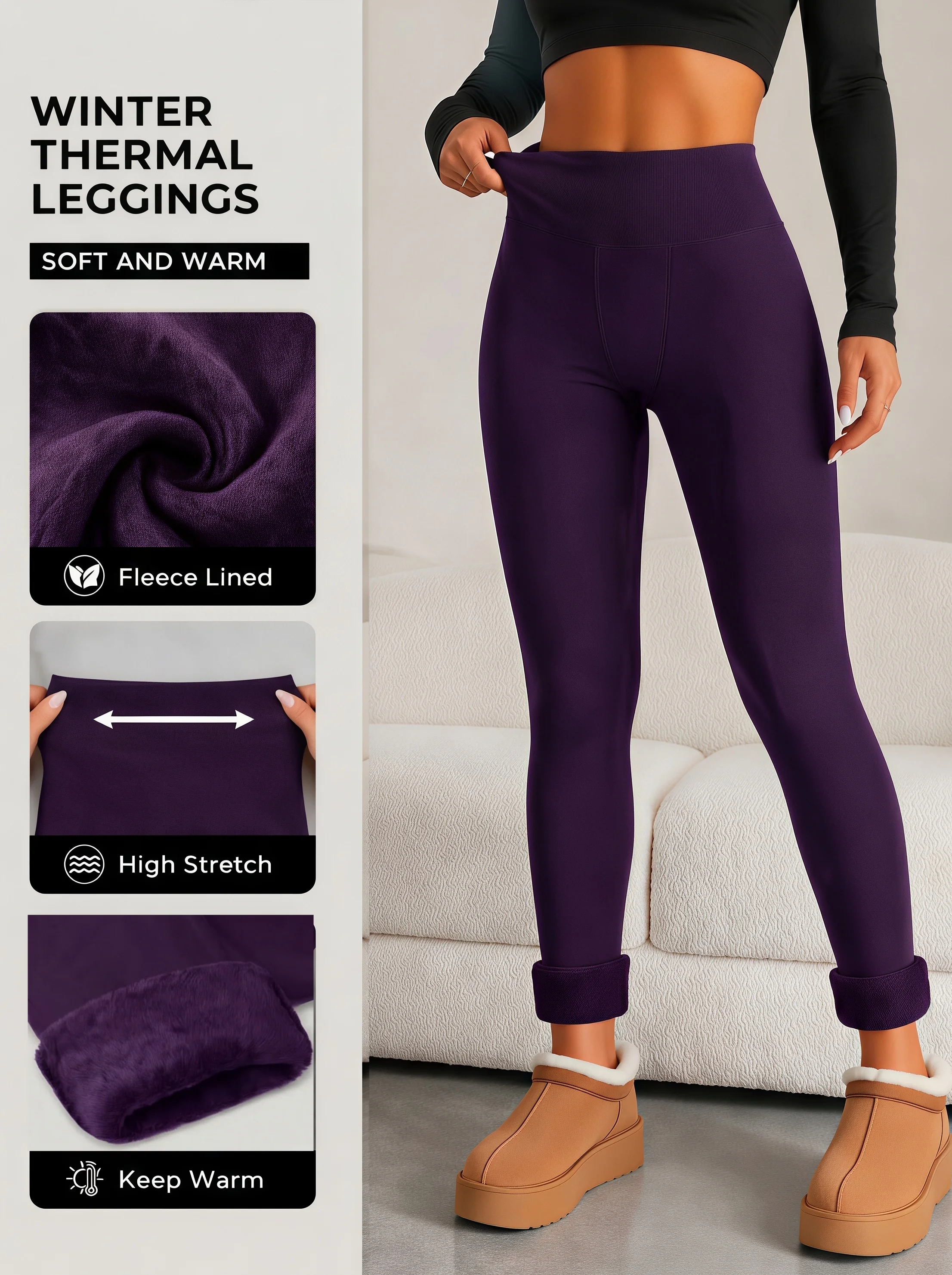 1er-Pack Lila Hochgeschnittene Fleece-Gefütterte Thermo-Leggings Weiche Dehnbare Warme Slim-Hosen für Kaltes Wetter Outdoor – Detail 3
