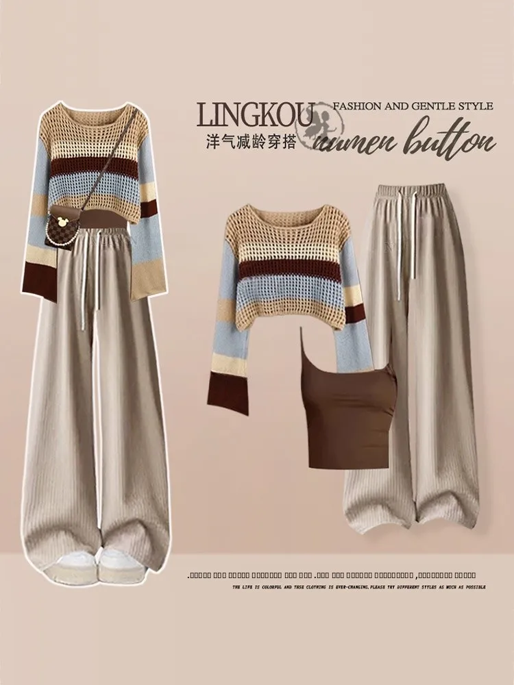 

Ретро-комплект для женщин: вязаный ажурный костюм в богемном стиле с утягивающими брюками и футболкой с круглым вырезом, три предмета