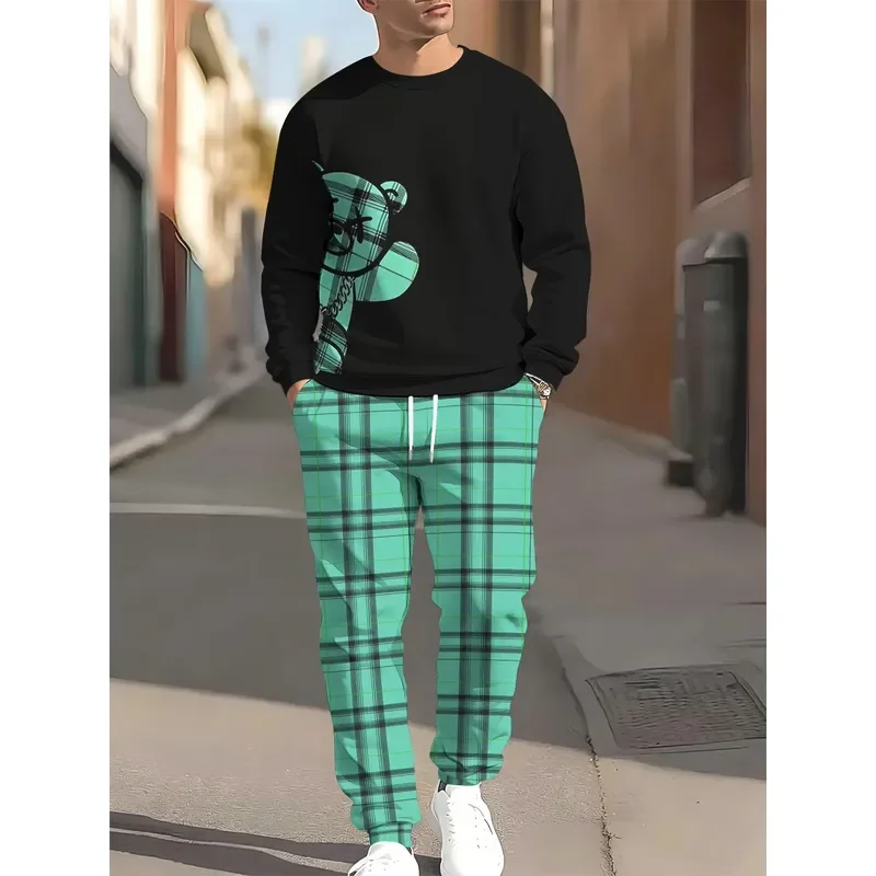 Men Sweatshirt Set 3D Bear Pattern Printed Round Neck Casual Fashionable Autumn Winter New Hoodie and Pants Outfit for Male