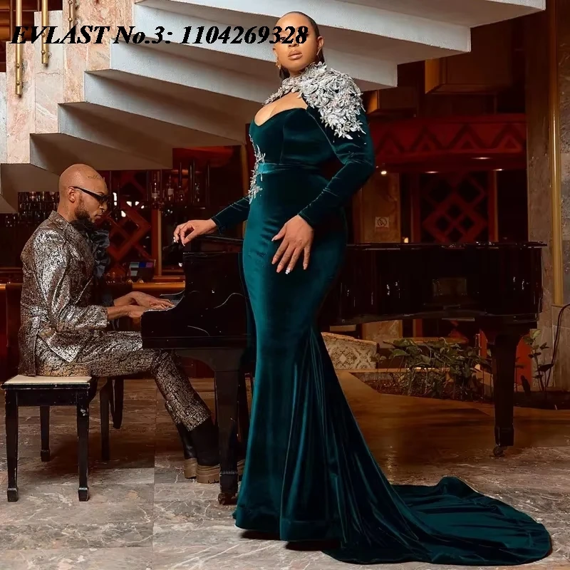 EVLAST Personalizzato Africano Aso Ebi Verde Sirena Vestito Da Promenade Manica Lunga Del Merletto di Cristallo In Rilievo Abito Da Sera Robe De Soirée E3P445