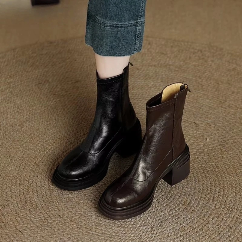 Vintage Platform Heels Women Ankle Boots Fashion Round Toe Stretch Slim Short Booties Shoes