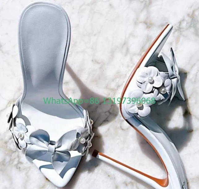 Lady pink 3D flower design pumps open toe stiletto heel shoes white PU elegant causal summer slippers high heels size 34-45