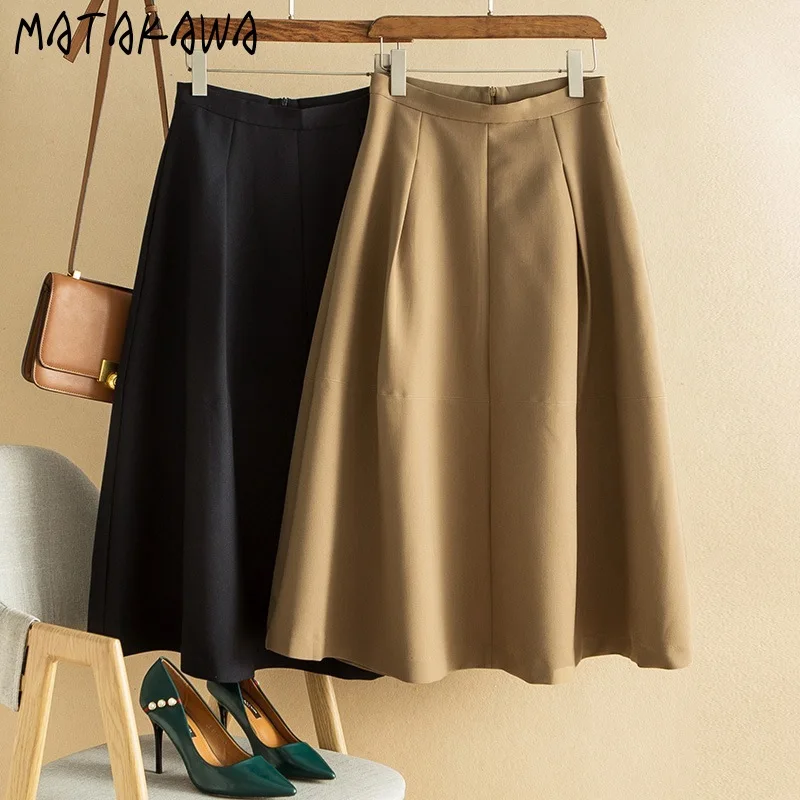 Matakawa A-line Women Skirts Solid Office Lady Elegant Chic Vintage Faldas Mujer Spring Autumn French Style Elegant Long Skirt