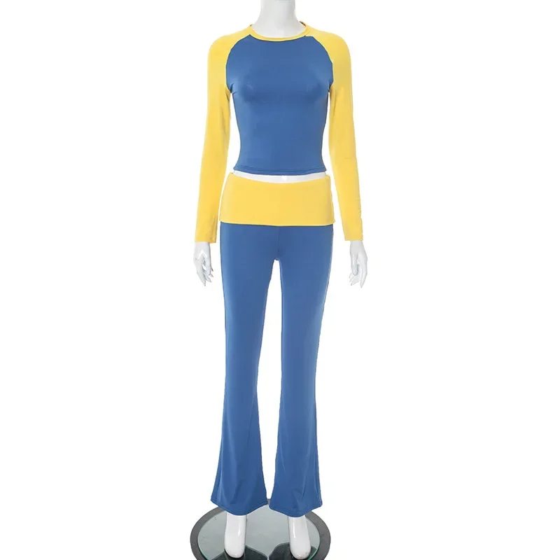 Patchwork di colore Casual Slim 2 pezzi Set Tute da donna O-Collo Manica lunga Crop Top + Pantaloni a zampa d'elefante Moda Abiti streetwear