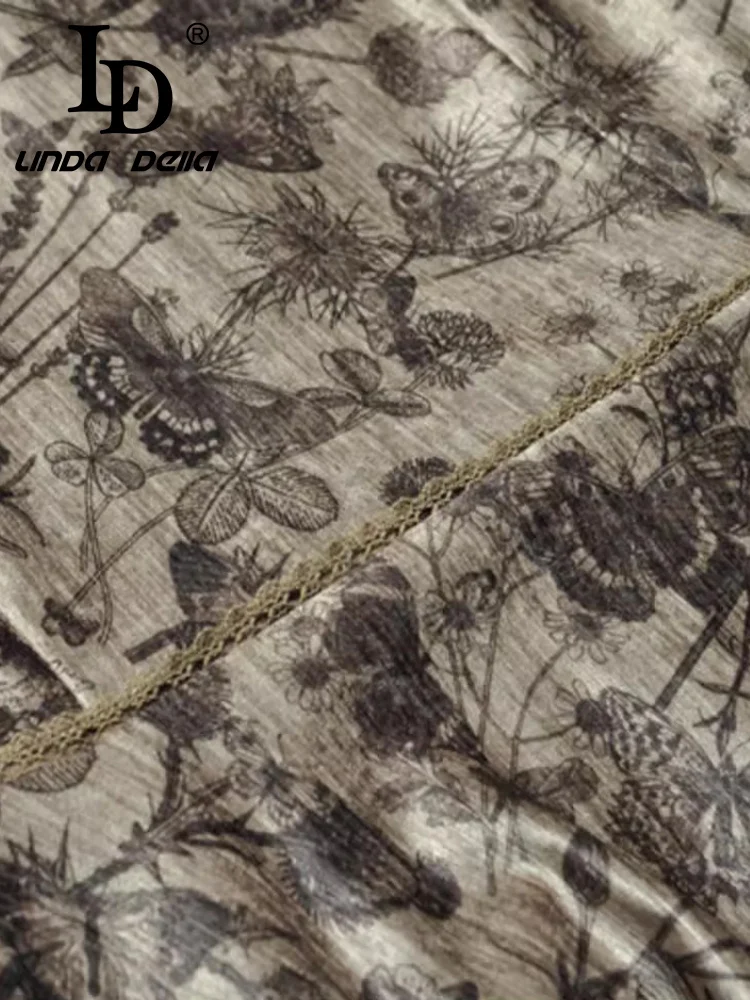 فستان نسائي صيفي أنيق من LD LINDA DELLA بياقة واقفة وأكمام طويلة ورباط علوي وجيب نحيف ومطبوع بفيونكة فساتين متأرجحة كبيرة