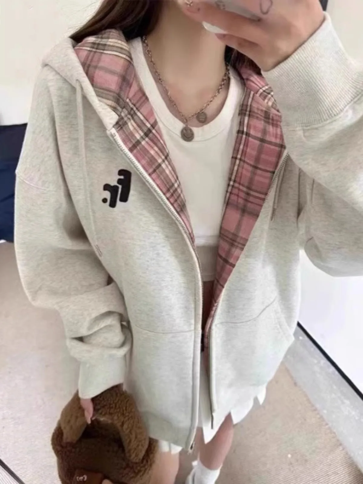 

Gray Fleece Lined Thickened Zipper Cardigan Women's Sweatshirt Outerwear Oversize Spring Autumn Winter New Arrival