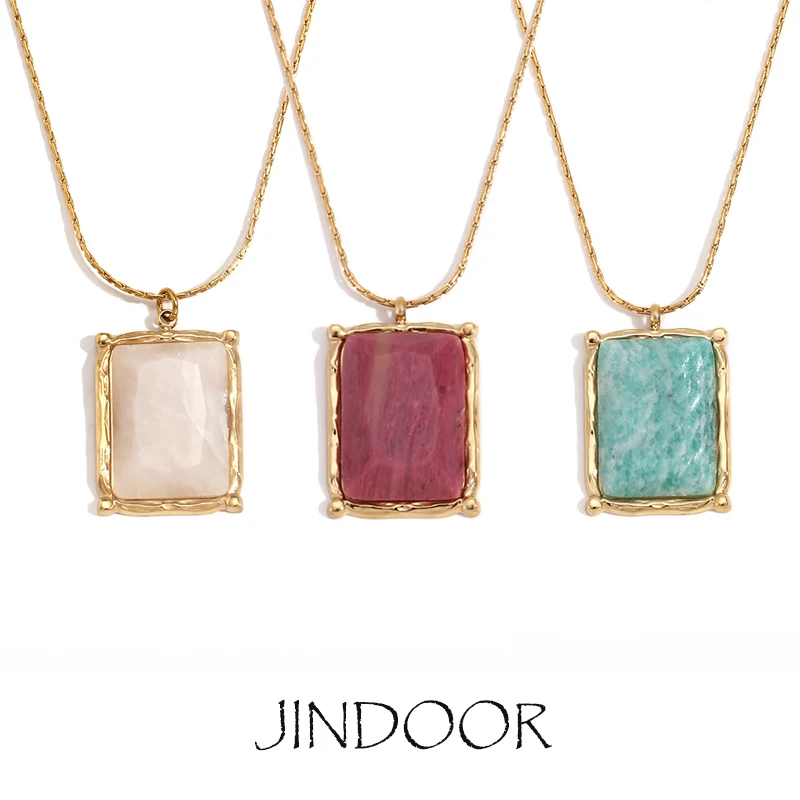 JINDOOR Natural Stone 18K Gold Plated Stainless Steel Necklace,Square Pendant, Adjustable Chain, Women’s Fashion Jewelry, Gift