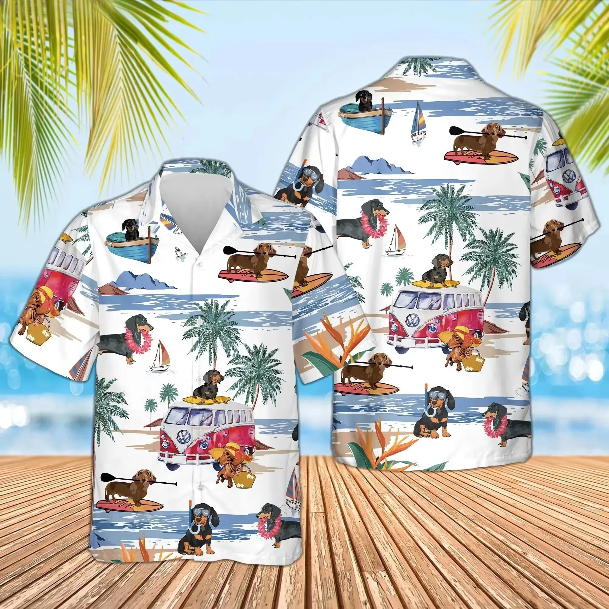 Bestselling Sausage Dog Flower Color Contrasting Men's Summer Thin Loose Couple Pet Enthusiast Versatile Top