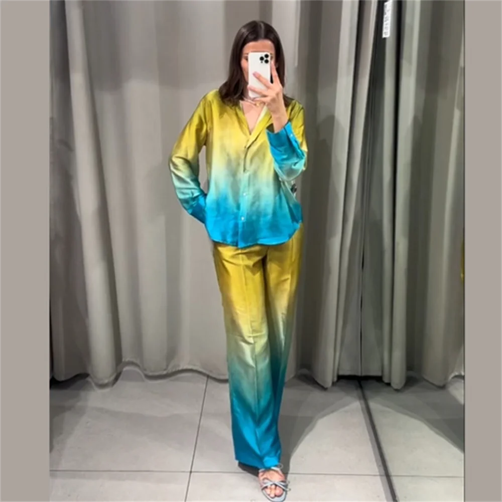 PB&ZA 2024 Summer New Women\'s Fashion and Casual Versatile Silk Satin Texture Tie Dyed Shirt Straight Leg Pants Set