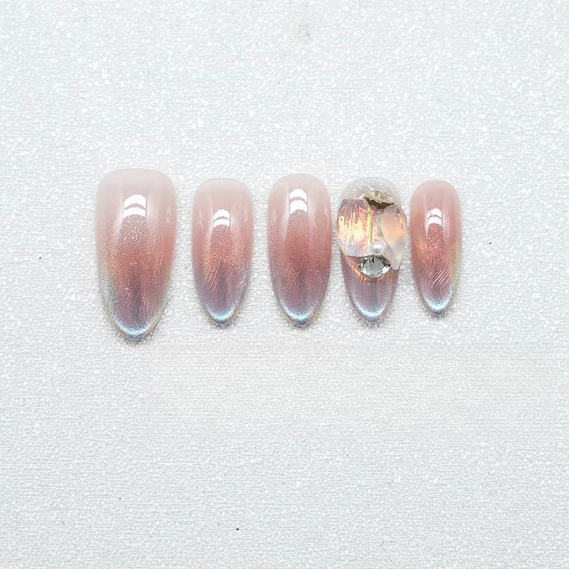 Pure Hand-worn Armor 2025 New Gradual Change Magic Mirror Powder Water Ripple Nail Film Cat Eye Press on Nails