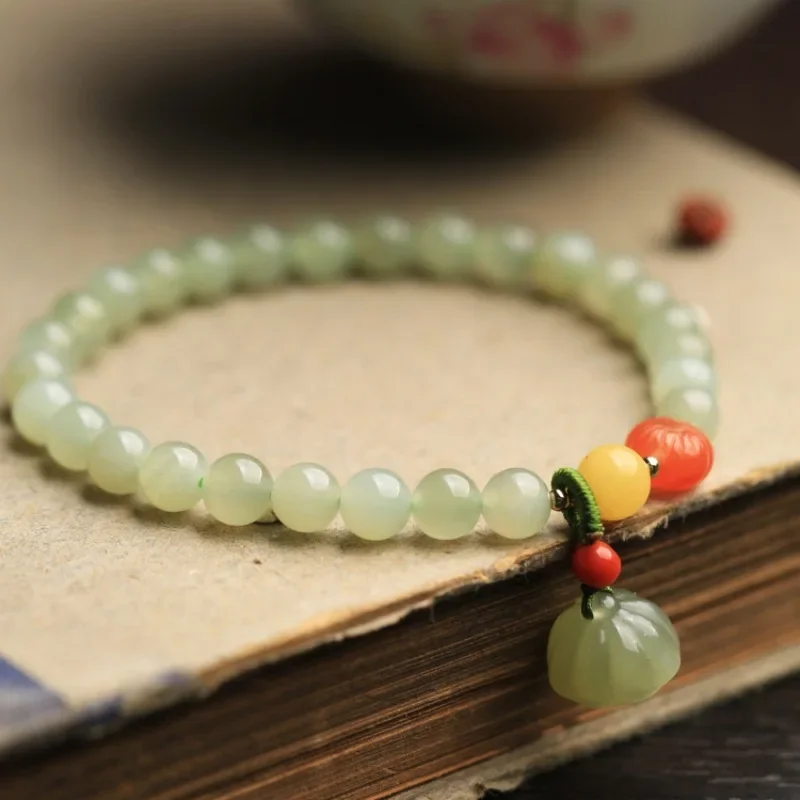 

Natural Hetian Jade Round Beads Bracelet Jade Lotus Pendant Amber South Red Agate Beads Vintage Energy Jewelry for Women Gift