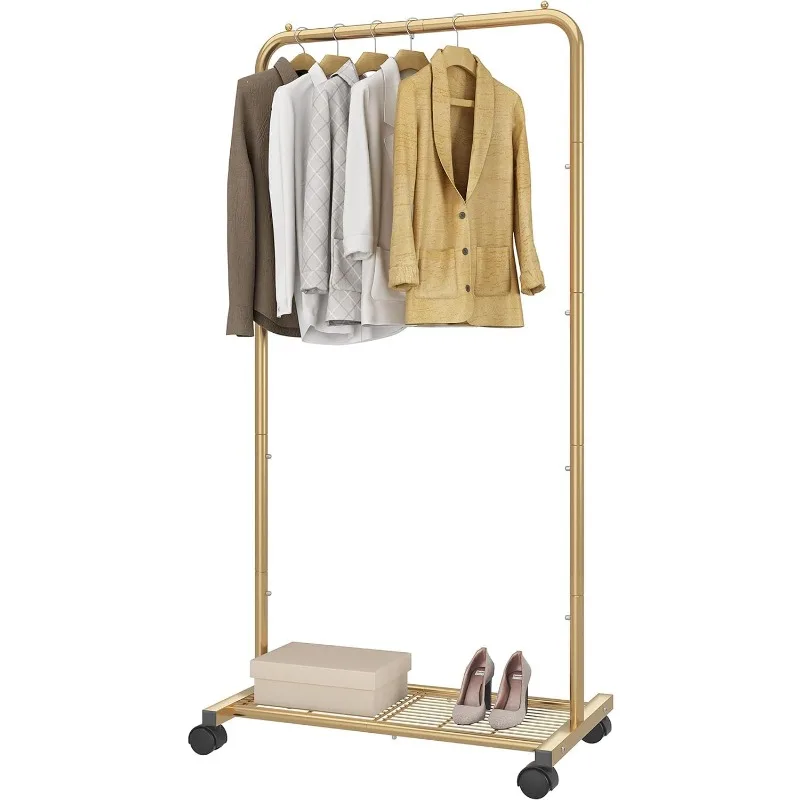 

Standard Clothes Garment Rack, Clothing Rolling Rack with Mesh Storage Shelf on Wheels, Golden Yellow