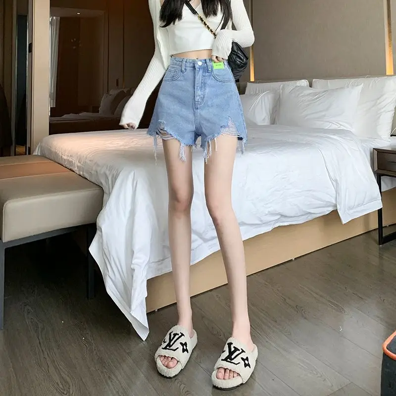 

Casual Straight Leg Denim Shorts Women Distressed Hem High Waist 2026 New Spring Summer Loose Slimming A Line Hot Pants