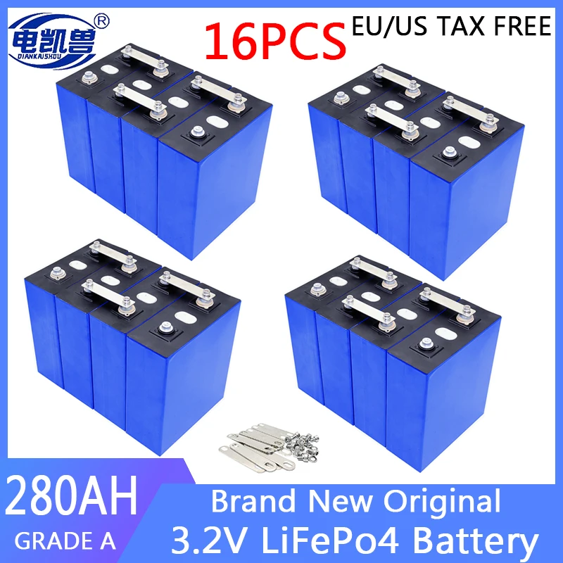 

16pcs High-quality LiFePO4 3.2V 280Ah Grade A Battery Cell For DIY 12V 24V 48V RV Golf Cart Marine Solar System EU/US TAX FREE