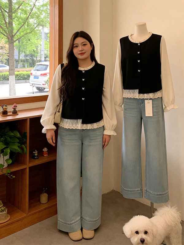 

Black Long Sleeve Mesh Splice Shirt Women's Large Size Spring New Style Floral Lace Patchwork Versatile Top French Style