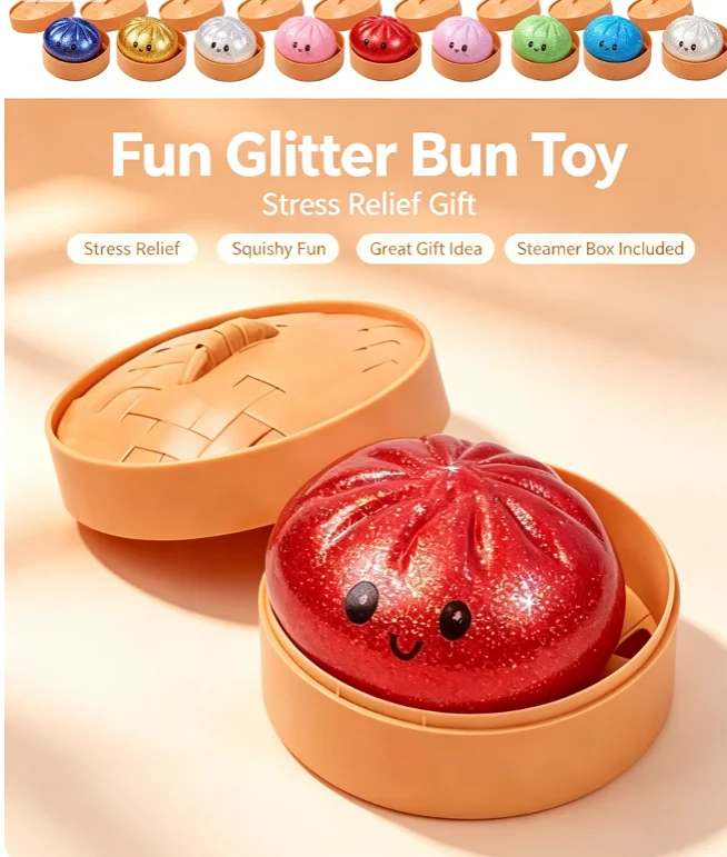 Glitter Steamed Bun Squishy With Simulation Steamer, Soft Squeeze Fidget , Stress Relief Desktop Ornament, Creative Novelty Gift