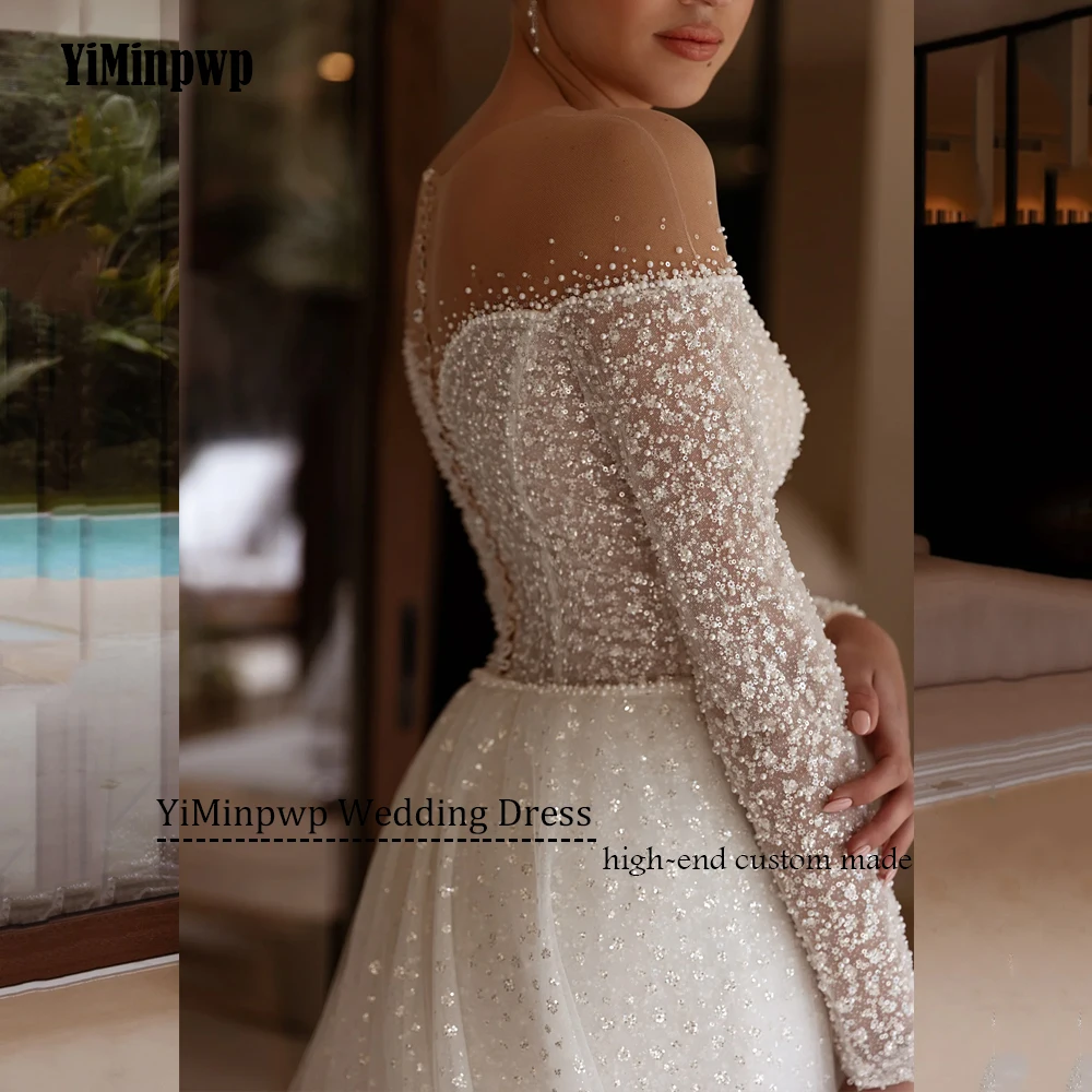 Glitter Wedding Dresses Full Sleeves Detachable Train Beaded Mermaid Glitter Bridal Gowns Shiny O-Neck Bride Dress Customized
