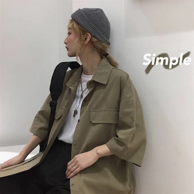 Jackets Women Short-sleeved Loose Fit Korean Fashion Couple Solid BF Vintage Cargo Coats Streetwear All-match Casual Summer Chic