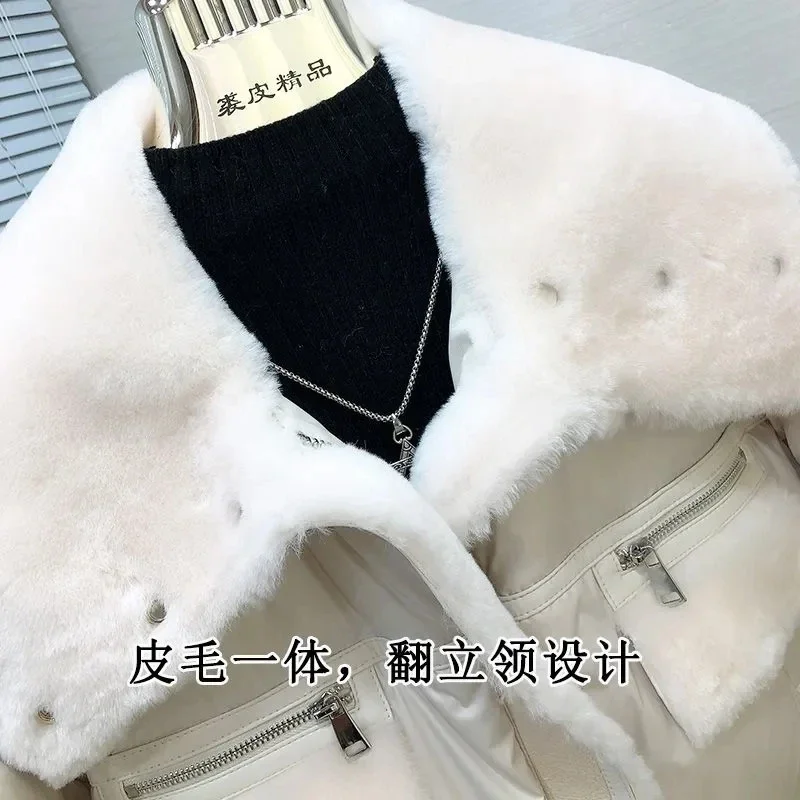 Winter Lamb Fur Coat Women Thick Faux Leather Sheepskin Coat Streetwear Waterproof Winter Shearling Bomber Jacket JJ675