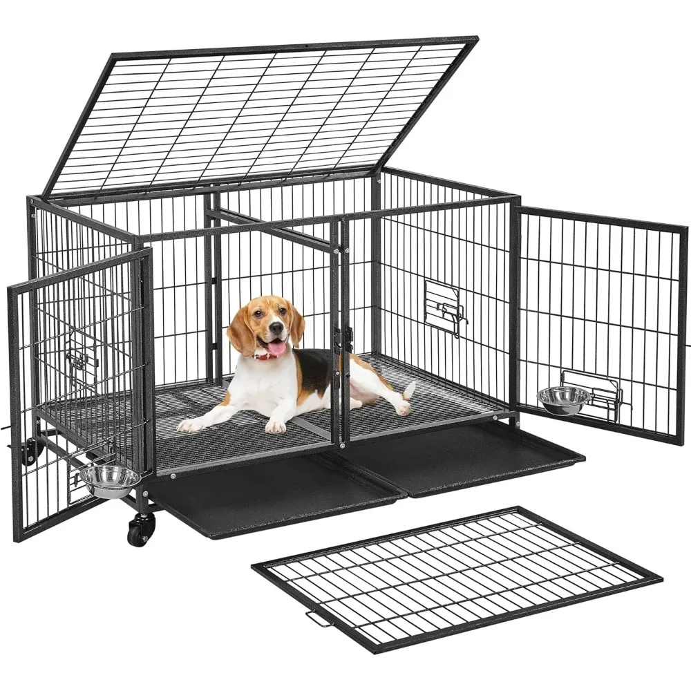 

Stackable Dog Crate with Divider 43'' Rolling Heavy Duty Dog Cage with Open Top/ 2 Removable Trays for Small/Medium Dog