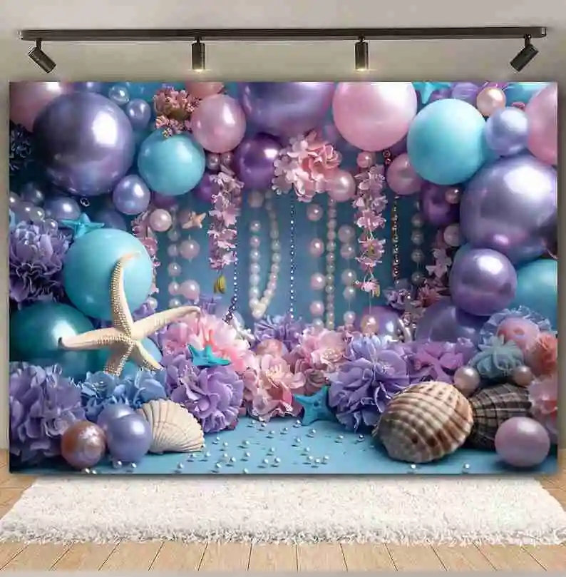 Mermaid Theme Backdrop For Photography Underwater World Shell Starfish Balloon Baby Shower Birthday Photocall Background Banner