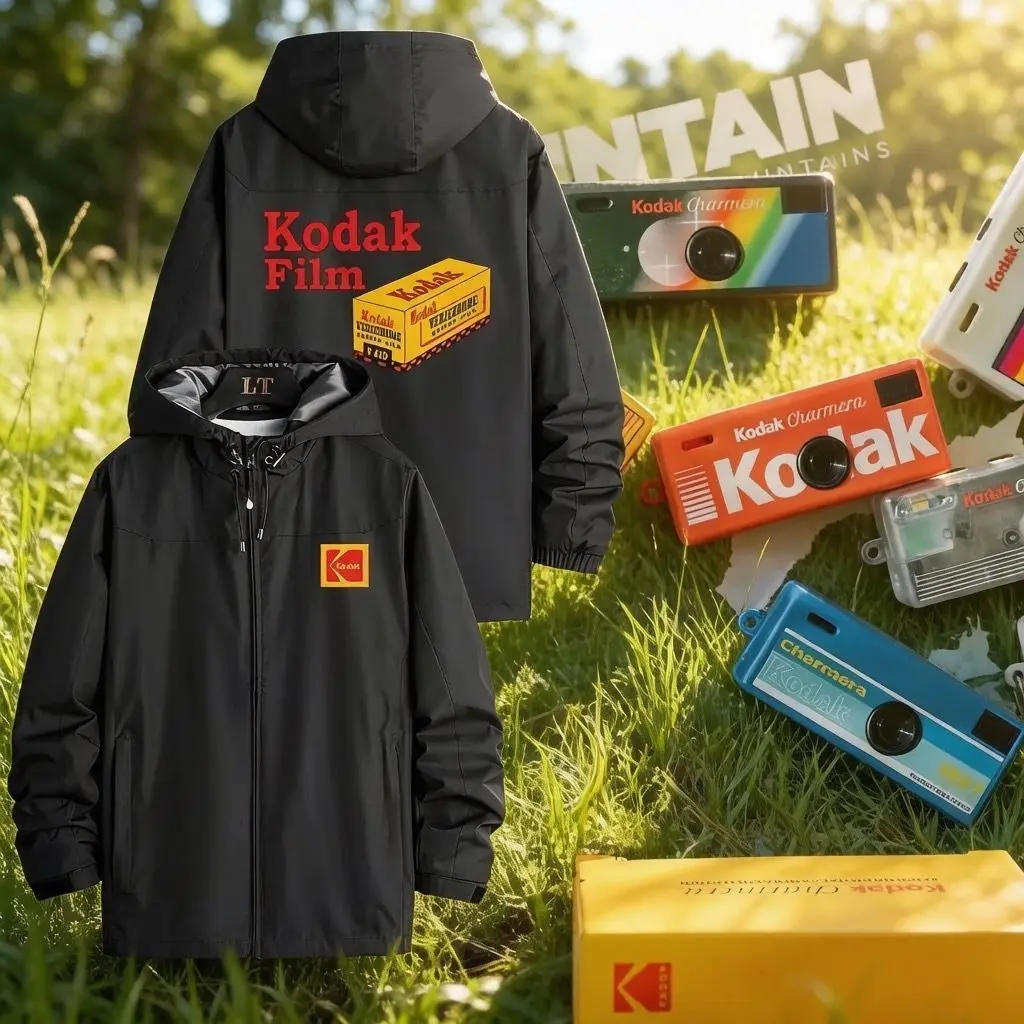 Kodak Classic Camera Jacket Film Photographer Windbreaker Black White Print Fall Winter