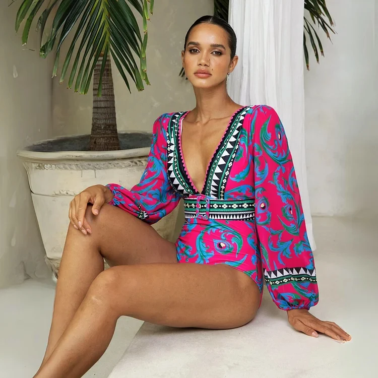 Women ‘s One Piece Swimsuits  Long-sleeved Peacock Totem Print    V-Neck Beachwear Bathing Suit  bikini sets two-pieces Swimwear