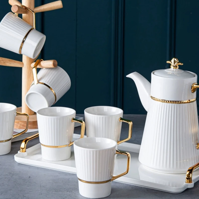Light luxury tea set, living room, wedding, high-end gift giving, gold ceramic water ware, tea pot set, cup with handle tray
