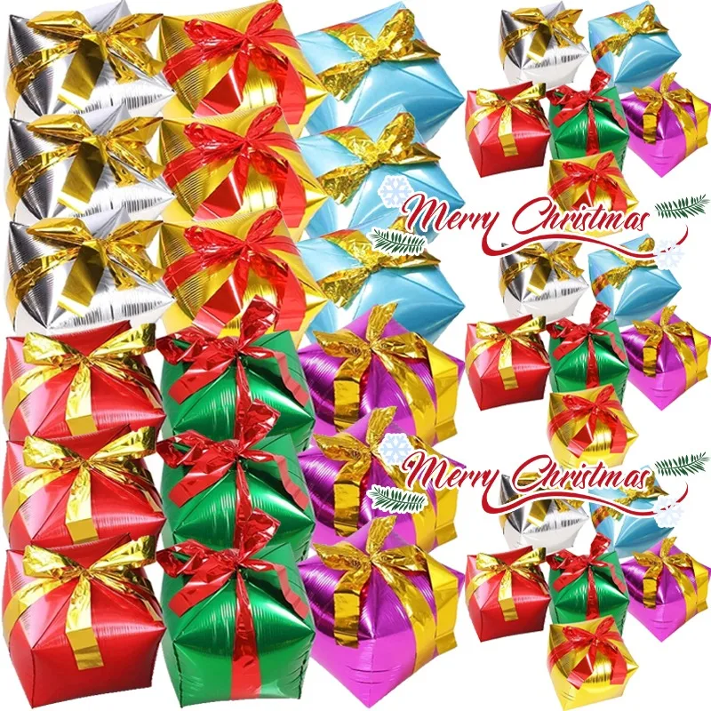 صناديق هدايا مكعبة، بالونات من رقائق معدنية لتزيين عيد الميلاد مع شريط هدية عيد ميلاد سعيد، صندوق هدايا عيد الميلاد الداخلي للمنزل #1
