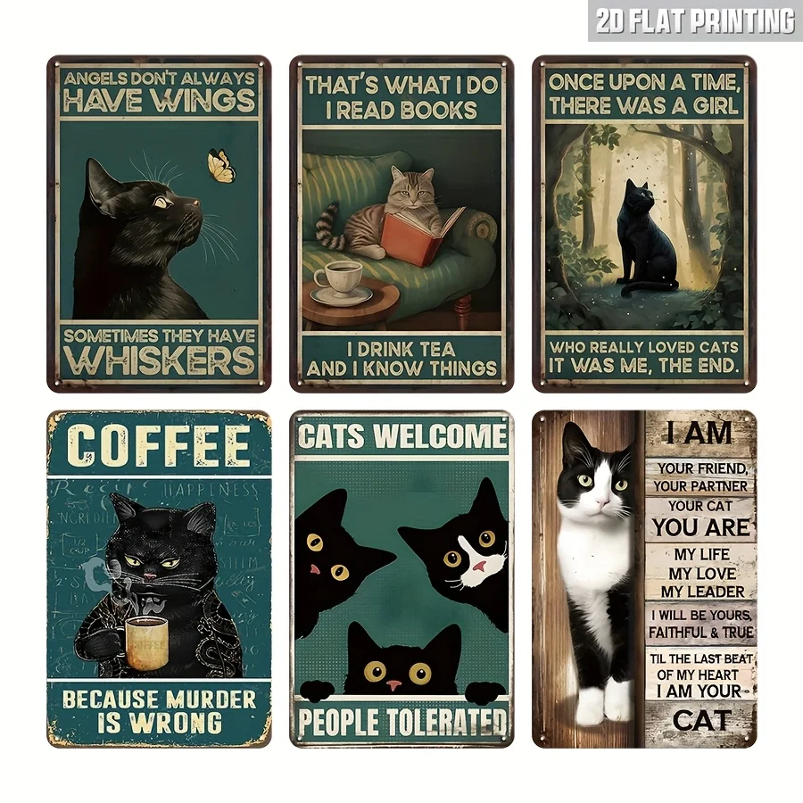 

6 шт. винтажные металлические настенные художественные вывески с черным котом — причудливые цитаты в деревенском стиле, 20,32x30,48 см, безрамные, легко повесить, без Power Neede